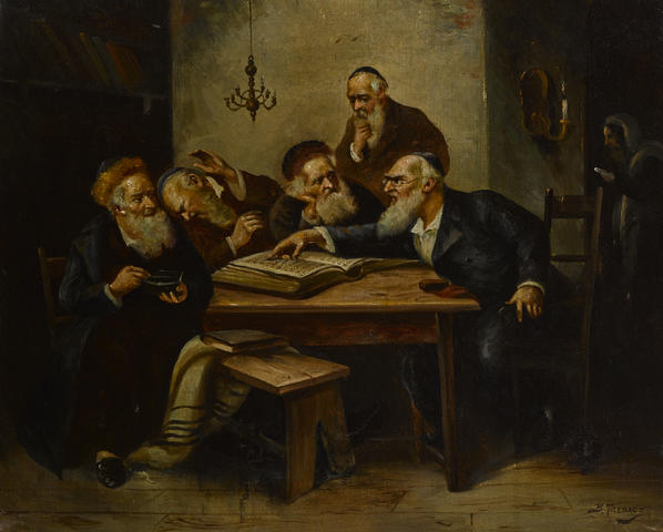 Bernard Trębacz: De lærdes diskussion. Ca. 1920 – 60 år for sent i en helt anden del af Europa og med for mange mænd og for lidt flod. Men kropssproget er godt. Wikimedia Commons