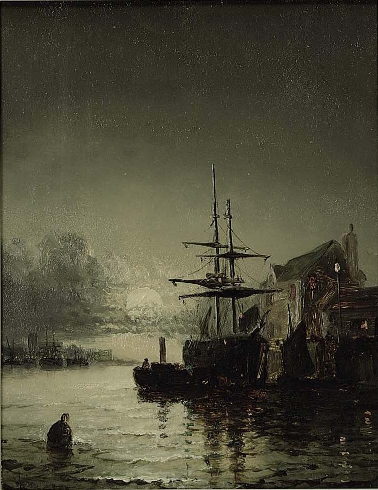 Måneskin over Themsen. William Anslow Thornley. Dato ukendt. Wikimedia Commons